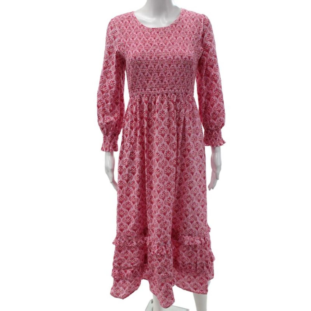 Pink City Prints Womens Maxi Floral Cotton Dress Long Sleeve Round Neck Size S
